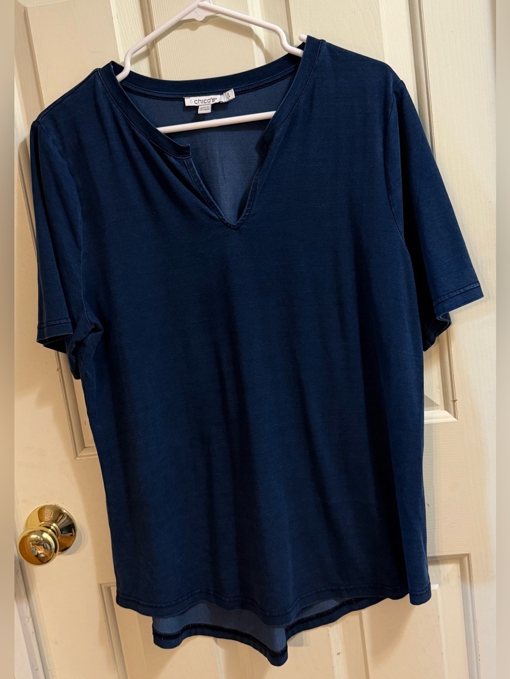 Chico's Navy Blue Split Neck Short Sleeve Tee Shirt | Coastal Grandma Beach | L - Picture 2 of 7
